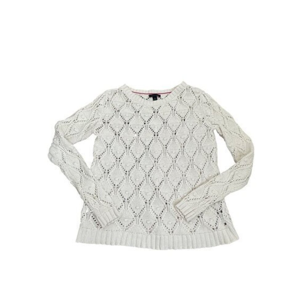 Tommy Hilfiger Womens Ivory Diamond Knit Sweater M 100% Cotton Long Sleeve Pullo
